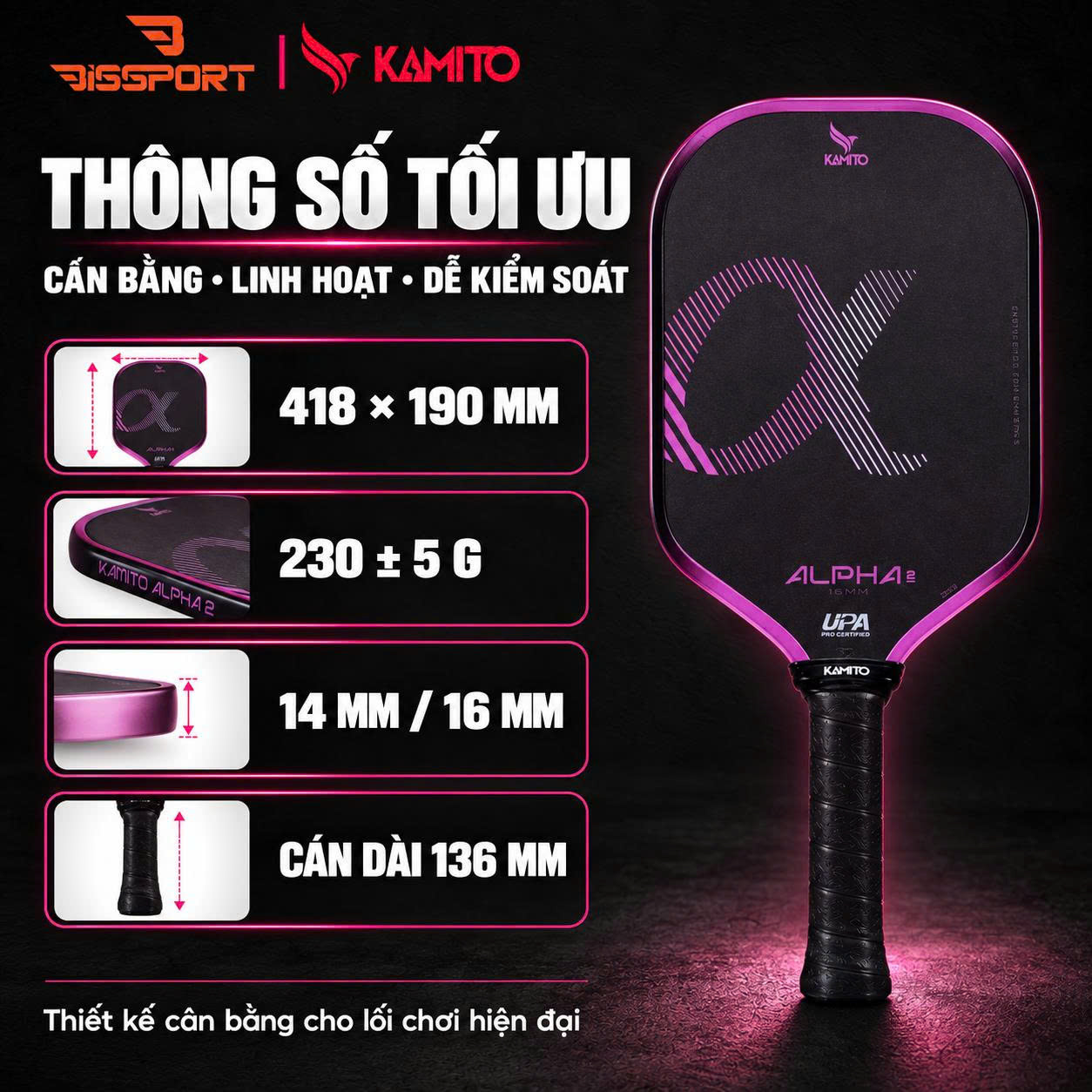 Vợt Pickleball Kamito Alpha 2 Hồng Chính Hãng - Nhẹ Tay - Kiểm Soát Đường Bóng - Mặt Carbon Fiber Nhám
